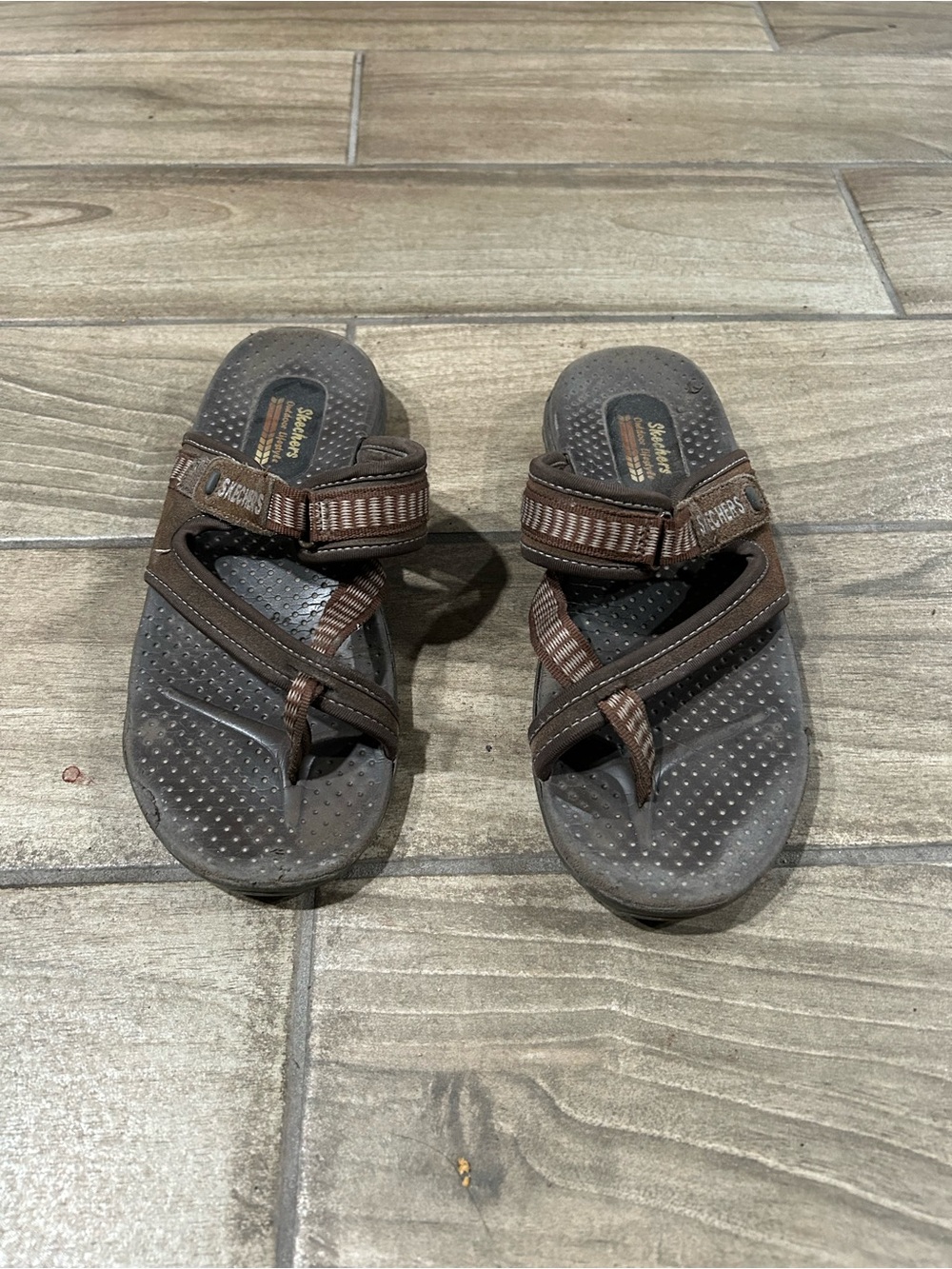 Women’s Skechers Brown and Dark Gray Double-Strap Slide Sandals